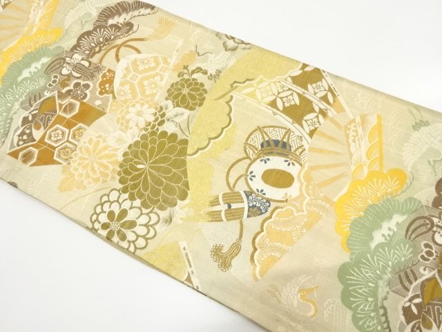 アンティーク　扇に貝桶・古楽器・草花模様織り出し丸帯（材料）